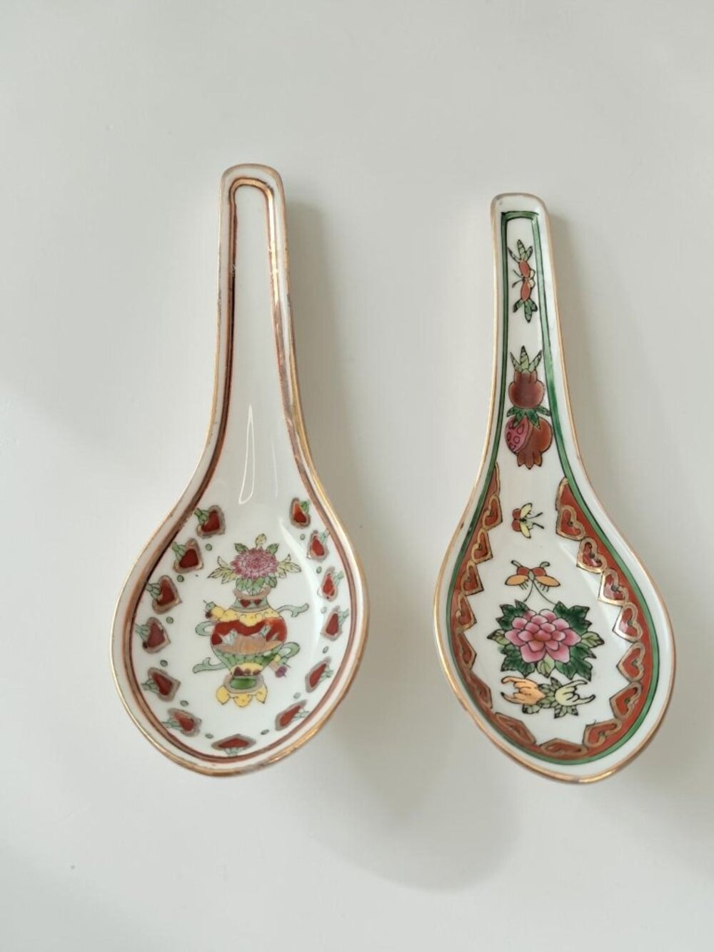 Vintage 1970s Chinese Jingdezhen Porcelain Soup Spoons Pair Hand Painted Floral